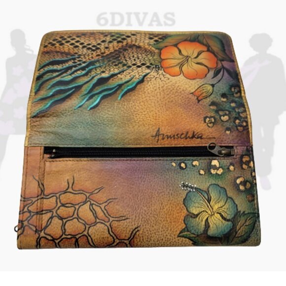New anuschka handpainted leather hibiscus flower wallet - Picture 3 of 8